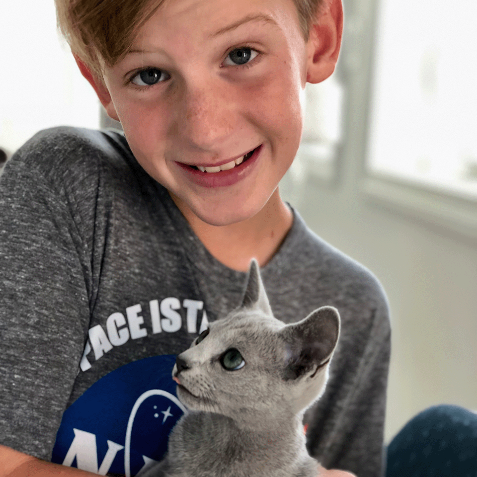 Image of a boy with a beautiful Russian Blue from Velva Cattery